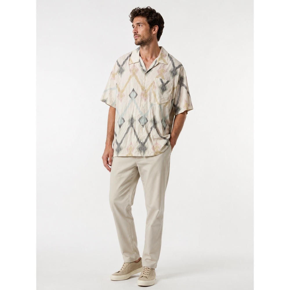 NN.07 Julio SS 5654 Shirt Mens XXL Beige Ikat Diamond Camp Collar Cotton Tencel